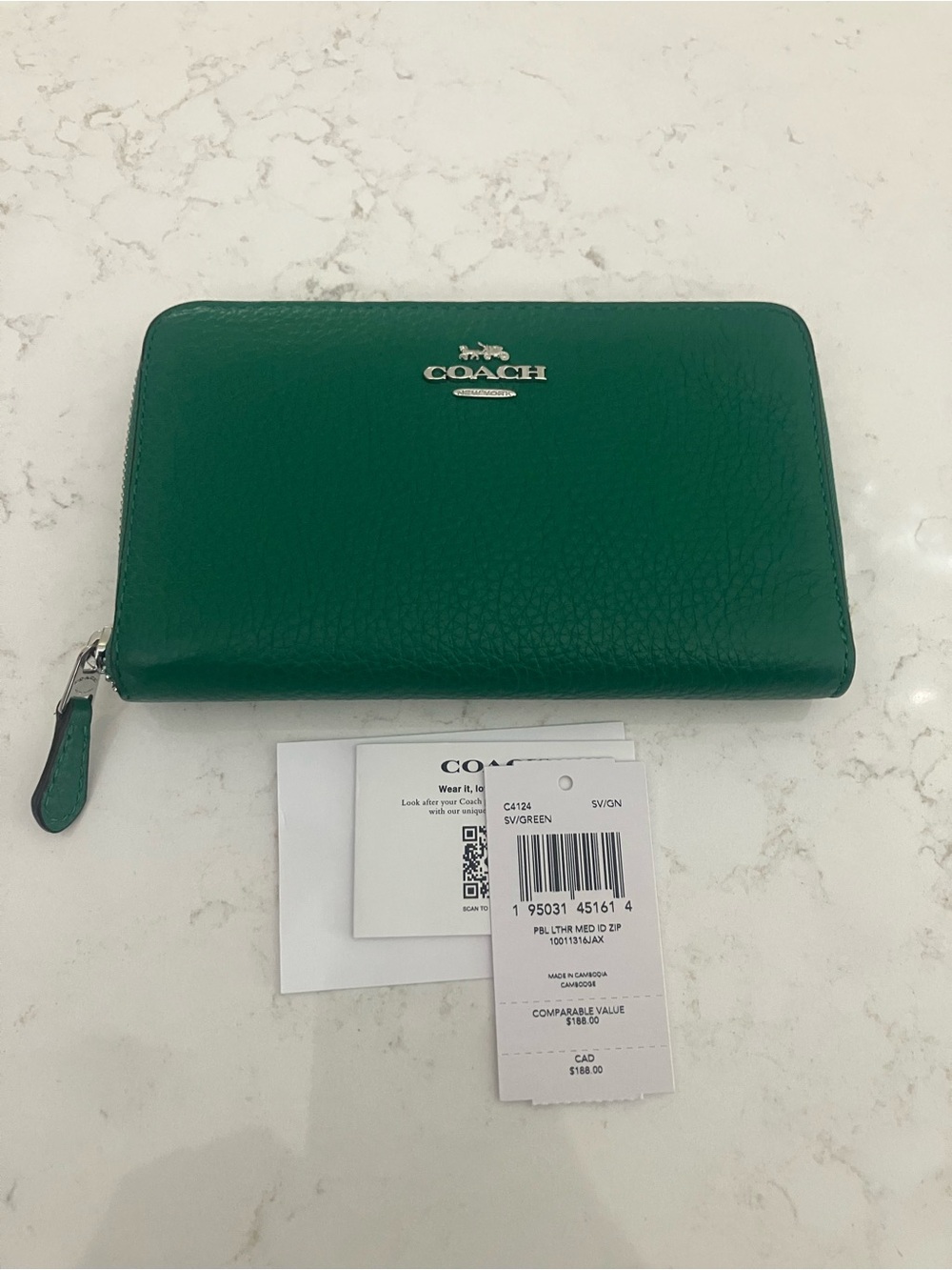 Coach Green Pebbled Leather Medium ID Zip Around Wallet